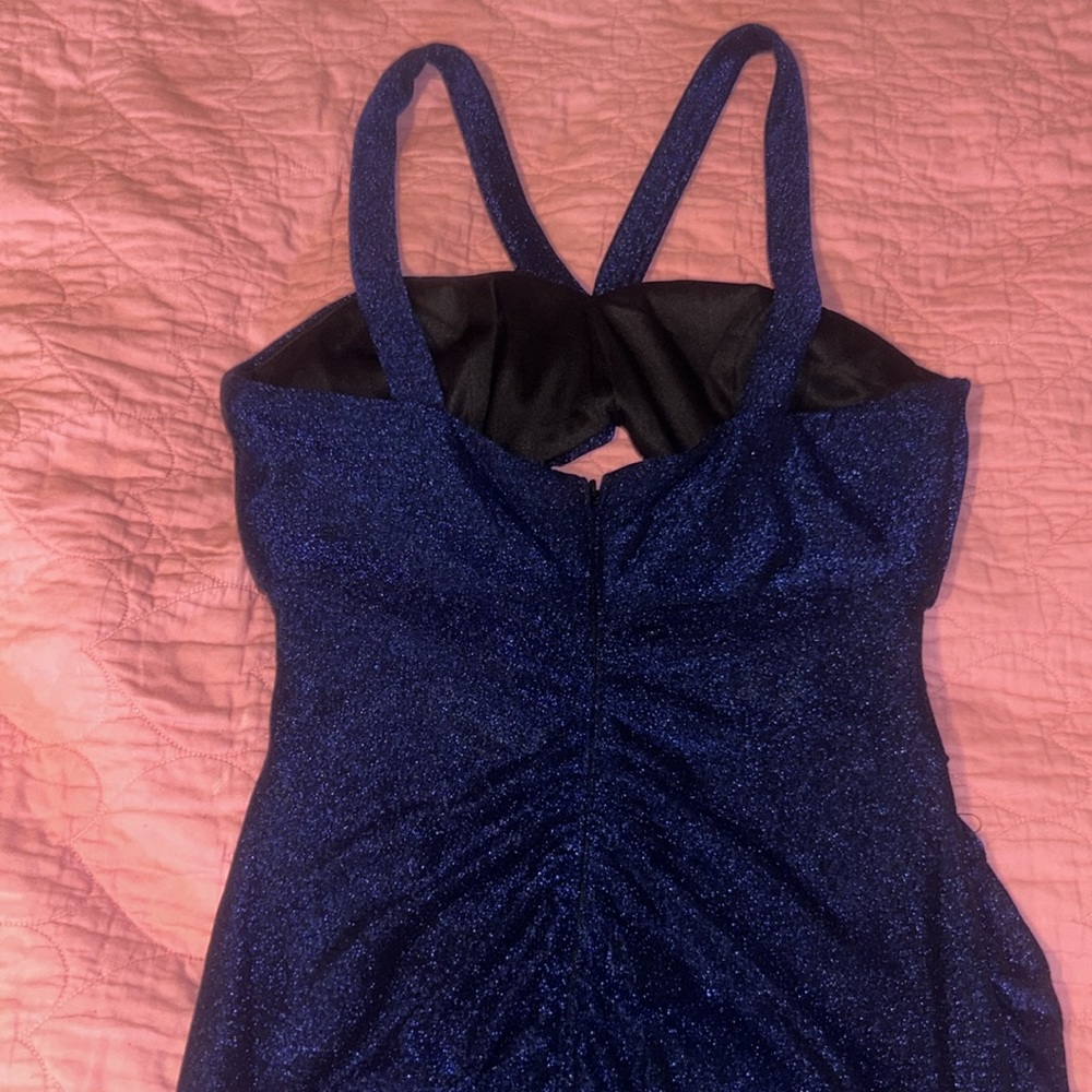 David’s Bridal DB Studio Blue shimmer halter sheath dress with bodice cutout